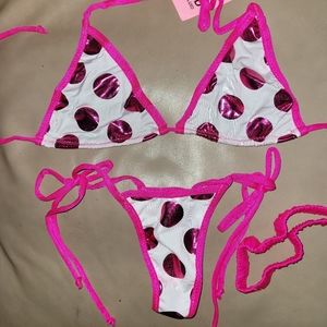 Handmade Polka Dot Tri-Top Tie-Side Thong Bikini